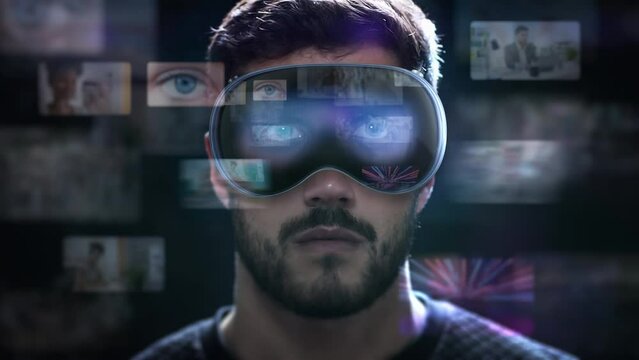 
Young Latin American Male Checking Social Media Posts and Videos on His Hi Tech Virtual Augmented Reality Glasses. Holographic Screens Appearing in VR Headset. Metaverse.