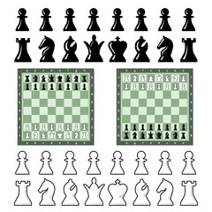 Black and white chess board with chess pieces. Chess pieces in flat style. Vector illustration - 663353921