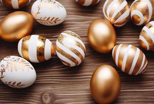 photo of Easter eggs decorated with gold ink on a wooden board. generative AI