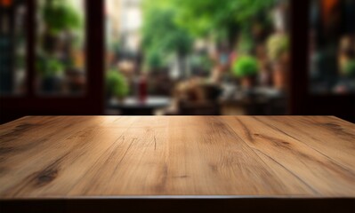 Coffee shop ambiance enriches this empty wooden table for product presentation