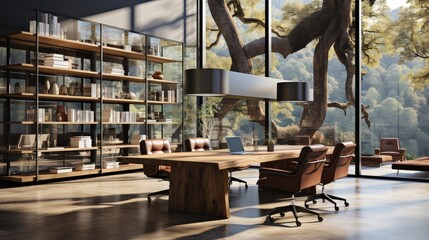 3d render office interior interior design, in the style of wood.