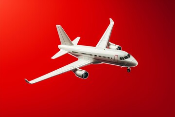 Contrasting white airplane model on bold red canvas with text space