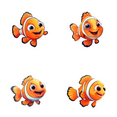 set of happy cute clownfish watercolor illustrations for printing on baby clothes, pattern, sticker, postcards, print, fabric, and books