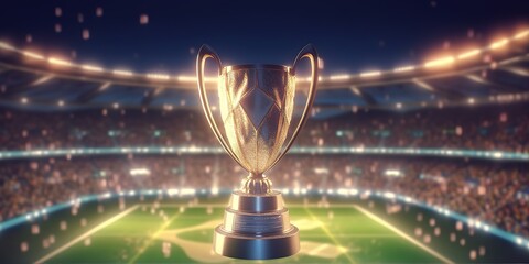 The golden cup was photographed in a large football stadium with light effects behind it. generative Ai