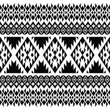 Geometric seamless pattern in black and white. Aztec Navajo tribal contemporary style. Ethnic abstract background with folk motif. Design textile, clothes, fashion, fabric, wrapping paper, ornament.