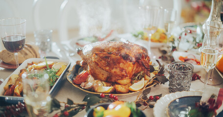 Delicious Close Up of a Turkey Roast with Baked Potatoes on a Festive Table. Tasty Meals and Festive Decorations Prepared for a Family Dinner at Home to Celebrate Thanksgiving Day or Christmas