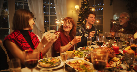 Family and Friends Gather at Home for a Traditional Christmas Dinner with a Turkey Roast Feast....