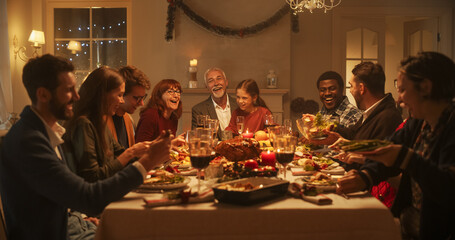 Multi-Generational Family Members Share Funny Stories and Joy During a Christmas Turkey Dinner....