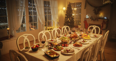 Festive Thanksgiving Dinner or Christmas Celebration Family Meal. People Sitting Behind a Dining Table with a Turkey Feast, Baked Potatoes, Side Dishes and Drinks. Close Up Shot of a Tasty Meal