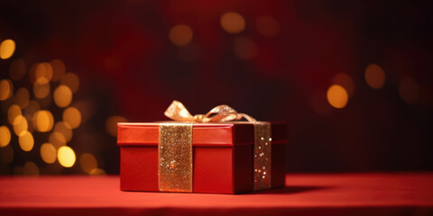Red gift box with golden ribbon bow. Elegant red present box with gold bow on a red background, copy space. Background for greeting card for Birthday, Christmas, XMas, New Year, Anniversary