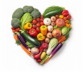 various vegetables arranged into a heart shape in white background.  generative AI