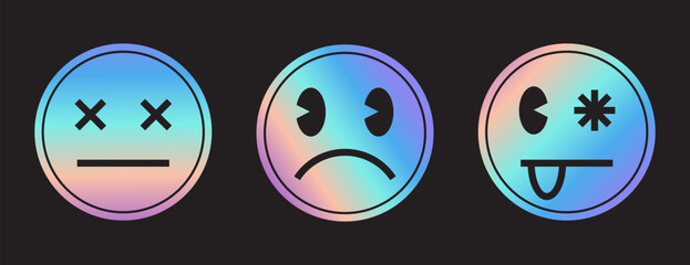 Set of round emoji with diferent face expressions. Emoticons with tongue, sad and dead faces. Holographic neon design. Acid rave, grunge style. Vector illustration - obrazy, fototapety, plakaty
