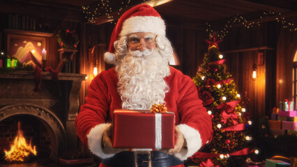 Merry Santa Claus Standing in a Magical Decorated Room, Offering Beautifully Wrapped Red Gift. Father Christmas Giving Presents to Kids. Concept of Christmas and New Year's Winter Holidays Celebration