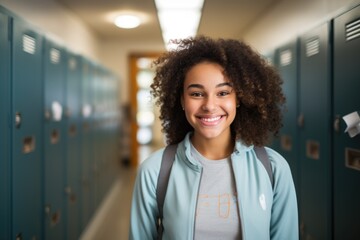 Smiling Portrait of a young female student in a school hallway - obrazy, fototapety, plakaty