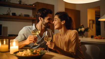 Happy young couple having dinner at home, romantic marriage man and woman celebrating wedding anniversary in kitchen at home - obrazy, fototapety, plakaty