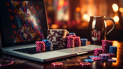 Someone playing online casino on their computer in a casino atmosphere with cards and chips on a green blue carpet 