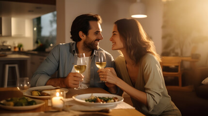 Happy young couple having dinner at home, romantic marriage man and woman celebrating wedding anniversary in kitchen at home