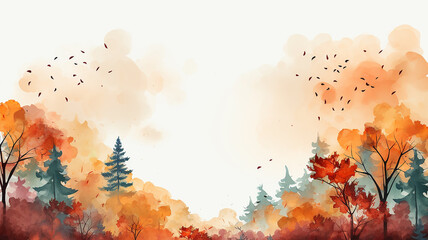 watercolor drawing painting multicolored autumn forest on a white background banner