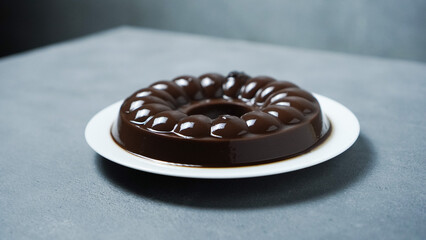Chocolate Pudding on a white plate on a gray background.