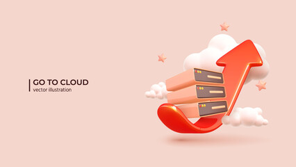 3D - Cloud Solutions Concept. Realistic 3d design of Servers with Red Arrow and Clouds. 3D Vector illustration in cartoon minimal style.