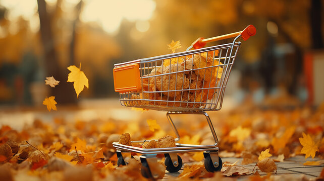 supermarket trolley in autumn park leaf fall discounts and sale