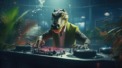 Crocodile DJ spinning records in a swampy club - obrazy, fototapety, plakaty