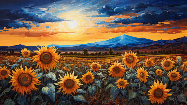 An illustration of a field of flowers. Sunflowers. Vivid colours. Sunset and mountains in the background.