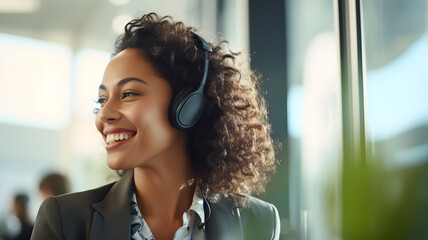 Portrait of a smiling business woman, working in a customer service, support, talking on headphones