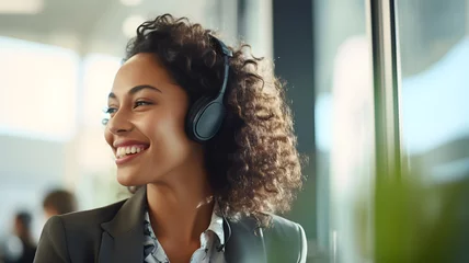 Foto op Plexiglas Portrait of a smiling business woman, working in a customer service, support, talking on headphones © Марина Редько