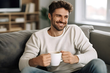 Happy attractive man sitting on his couch in his cozy home, smiling hispanic man sitting on sofa in living room holding a cup of coffee in hand