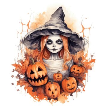 Watercolor Halloween illustration on white background.