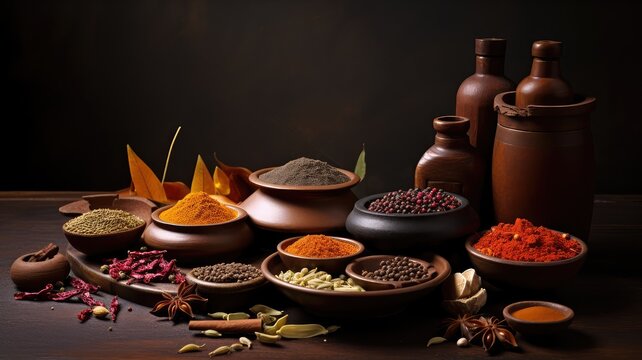 indian spices and herbs powder photography for perfect cuisine