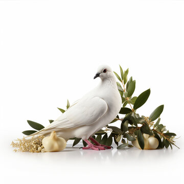 White dove with green olive  tree isolated on a white background