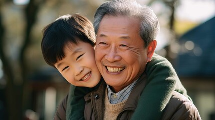Asian grandson hugging her grandfather outdoors. Generative AI.