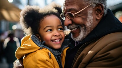 African granddaughter hugging her grandfather at street. Generative AI. - Powered by Adobe