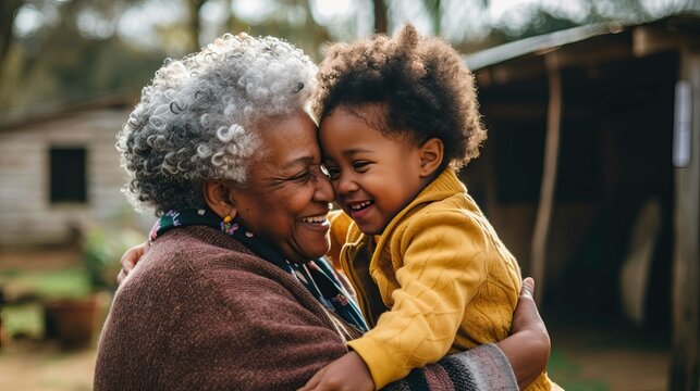 African granddaughter hugging her grandmother outdoors. Generative AI.