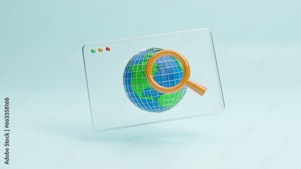 Poster 3d web browser with a globe and magnifying glass icon, search technology concept. global network. in