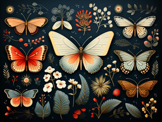 Whimsical vintage butterfly illustration in subtle realism style. With stylish graphics and decorated with a floral background.