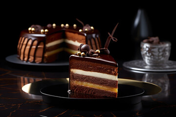 Piece of Luxury chocolate cake on black plate - obrazy, fototapety, plakaty