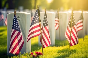 Military Headstones and Gravestones Decorated With Flags for Memorial Day.