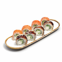 traditional fresh japanese sushi rolls on a white background, selective focus. Japanese kitchen. Sushi menu