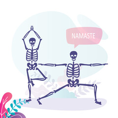Human skeletons in yoga poses, meditating skeleton. Comic simplified skeleton doing yoga asana or positions. Halloween holidays element.