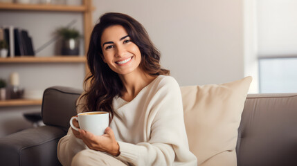 Happy attractive woman sitting on her couch in her cozy home, smiling female sitting on sofa in living room holding a cup of coffee in hand