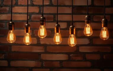 Hanging light bulbs on a dark brick wall background. Retro glowing edison lamp background. Ideas, creativity, innovation design concept. - obrazy, fototapety, plakaty