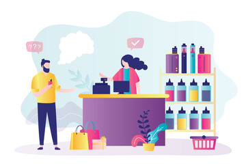 Vape shop assistant selling bottles from showcase to male smoker. Seller behind counter, various electronic vaporizers and e-cigarettes in store. nicotine addiction concept