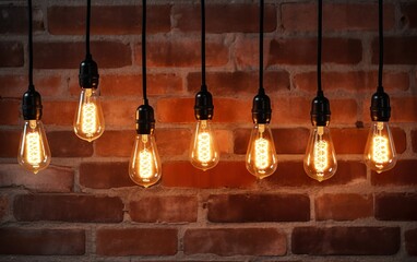 Decorative antique edison light bulbs on a dark brick wall background. Vintage lamp background for ideas, creativity, innovation design concept. - obrazy, fototapety, plakaty