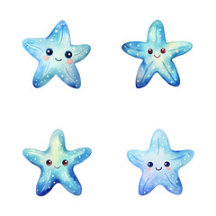 set of happy cute starfish watercolor illustrations for printing on baby clothes, pattern, sticker, postcards, print, fabric, and books