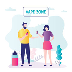 Vape zone, cartoon people with vapor devices. Vape smoking area, young adults smoking e-cigarette. Vaping - modern alternative classic cigarettes.