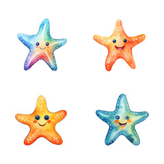 set of happy cute starfish watercolor illustrations for printing on baby clothes, pattern, sticker, postcards, print, fabric, and books