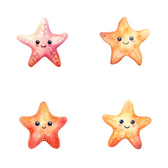 set of happy cute starfish watercolor illustrations for printing on baby clothes, pattern, sticker, postcards, print, fabric, and books